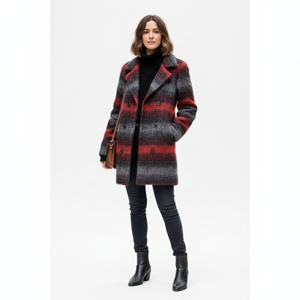 Soia & Kyo Michelle Alpaca Mohair Wool Blend Striped Coat Red Gray (S/P)